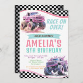 Girl Monster Trucks Verjaardag Uitnodiging. Race o Kaart (Voorkant / Achterkant)
