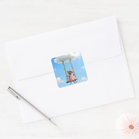 Girl Mouse On a Summer Swing Vierkante Sticker (Envelop)