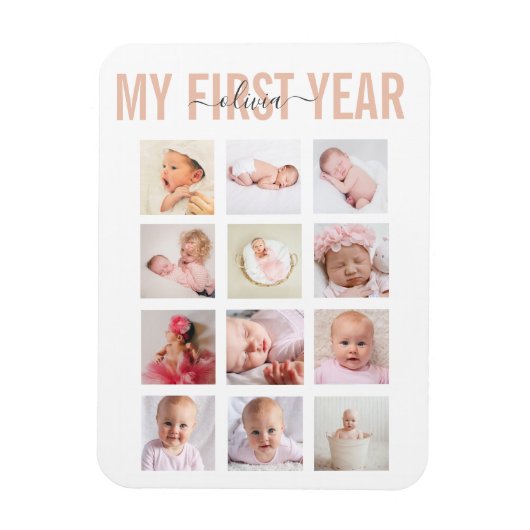 Girl My First Year Baby Name 12 Photo Collage Magneet (Verticaal)
