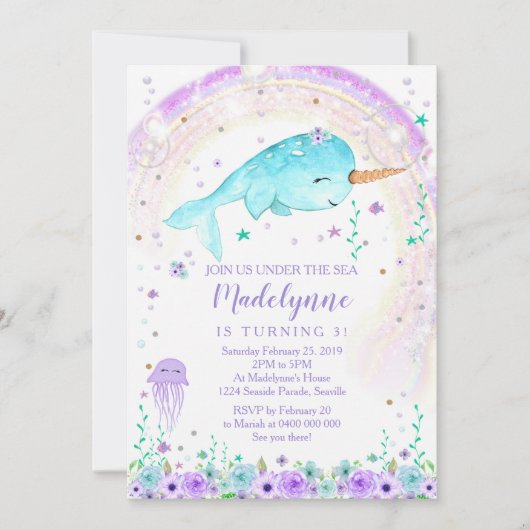 Girl Narwhal Invitation Kaart (Voorkant)