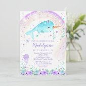 Girl Narwhal Invitation Kaart (Staand voorkant)