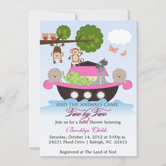 Girl Noah's Ark Set Sail Baby shower Uitnodiging (Voorkant)