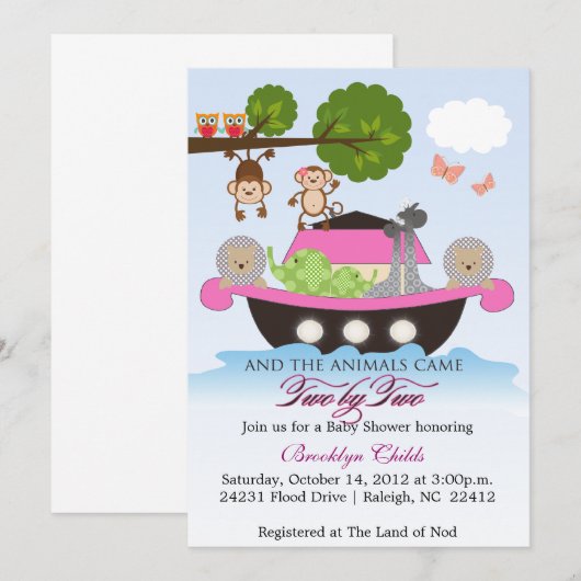 Girl Noah's Ark Set Sail Baby shower Uitnodiging (Voorkant / Achterkant)