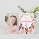 Girl Nutcracker Blush Floral Winter Birthday Party Kaart (Staand voorkant)