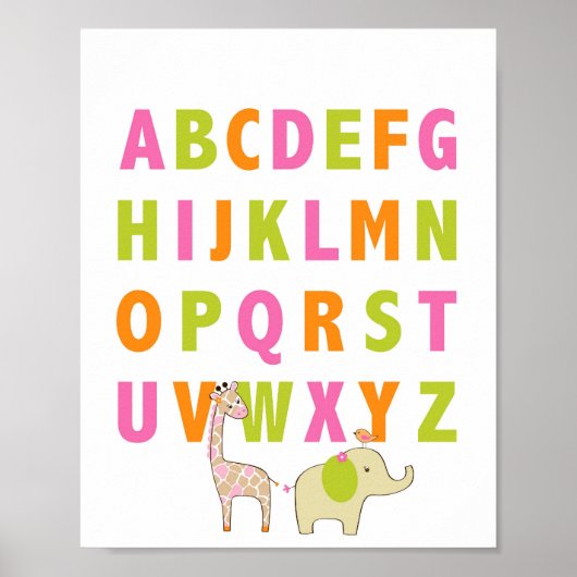Girl Oerwoud Animal Alphabet Nursery Wall Art Prin Poster (Voorkant)
