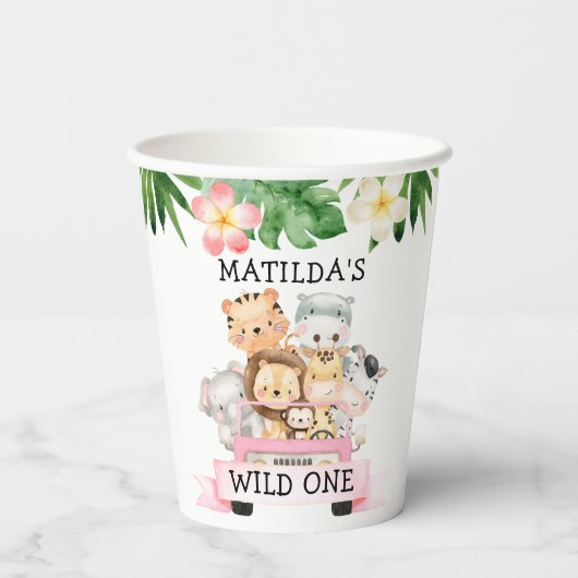 Girl Oerwoud Safari Birthday Paper Cups Papieren Bekers (Achterkant)