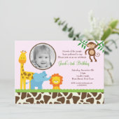 Girl Oerwoud Safari Foto Birthday Invitations Kaart (Staand voorkant)