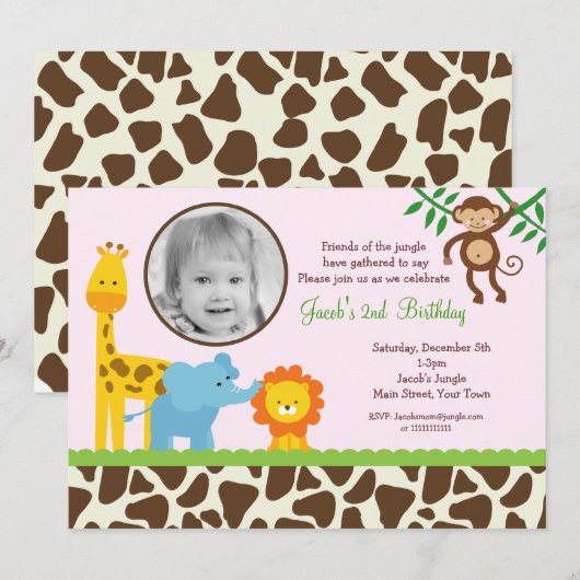 Girl Oerwoud Safari Foto Birthday Invitations Kaart (Voorkant / Achterkant)