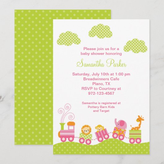 Girl Oerwoud Safari Train Baby shower Uitnodiging (Voorkant / Achterkant)