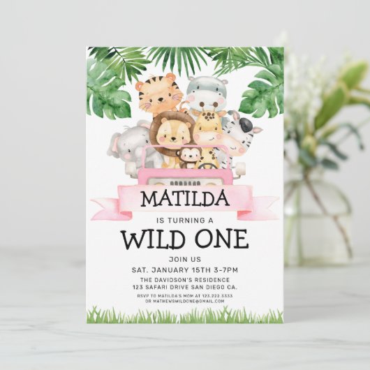 Girl Oerwoud Safari Wild Uitnodiging één dag (Staand voorkant)