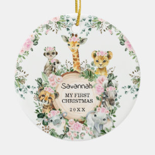 Girl Oerwoud Safari Wilde Dieren Baby eerste kerst Keramisch Ornament