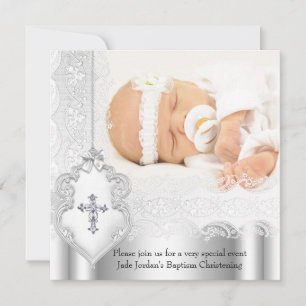 Girl of Boy Baptism Silver White Lace Foto Cross Kaart