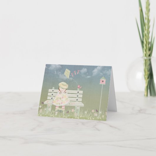 Girl on Bench Bird and Kite Kaart (Voorkant)