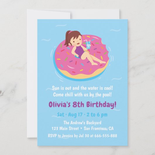 Girl on Doughnut Float Birthday Party Kaart (Voorkant)