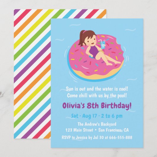 Girl on Doughnut Float Birthday Party Kaart (Voorkant / Achterkant)