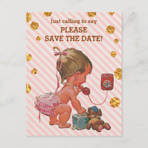 Girl on Phone Stripes Gold Stippen Save the Date