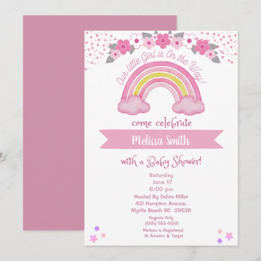 Girl on the Way Rainbow Baby shower Invitation Kaart (Voorkant / Achterkant)