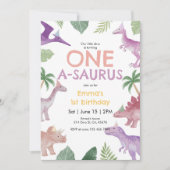 Girl One A Saurus Dinosaur 1st Birthday Invitation Kaart (Voorkant)