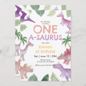 Girl One A Saurus Dinosaur 1st Birthday Invitation Kaart (Voorkant / Achterkant)