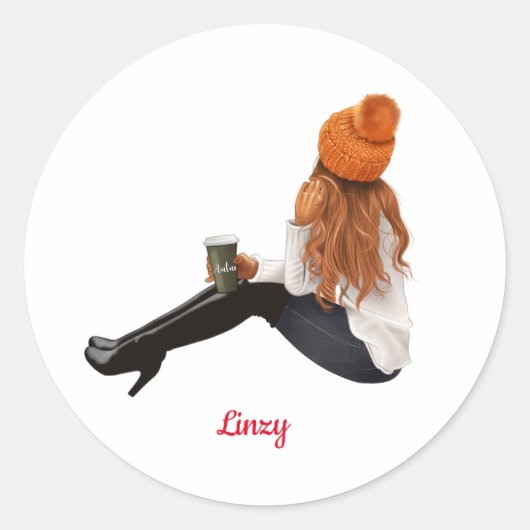 Girl Oranje Autumn Herfst - Aangepaste koffie Ronde Sticker (Voorkant)