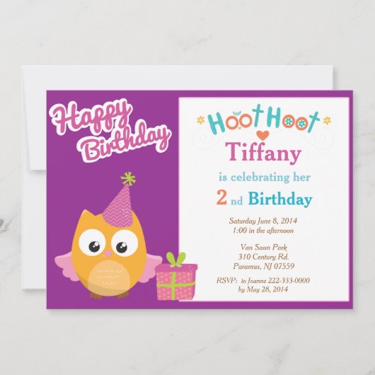 Girl Owl Birthday Party Invitation Kaart (Voorkant)