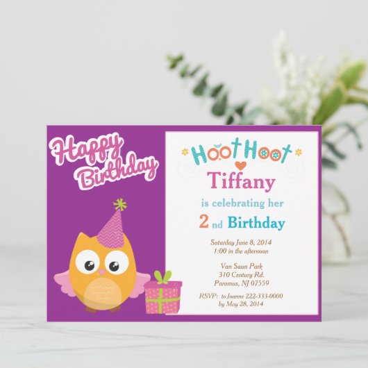 Girl Owl Birthday Party Invitation Kaart (Staand voorkant)