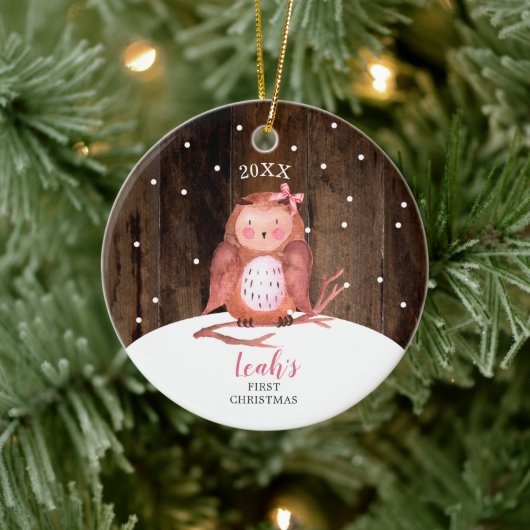 Girl Owl Cute Personalized Woodland Baby kerst Keramisch Ornament (Boom)