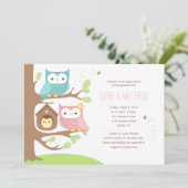 Girl Owl Family on a Tree Baby shower Invitation Kaart (Staand voorkant)