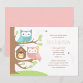 Girl Owl Family on a Tree Baby shower Invitation Kaart (Voorkant / Achterkant)