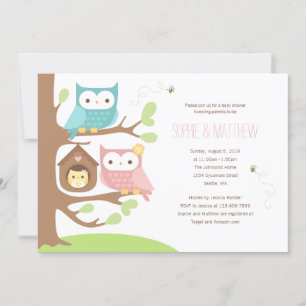 Girl Owl Family on a Tree Baby shower Invitation Kaart