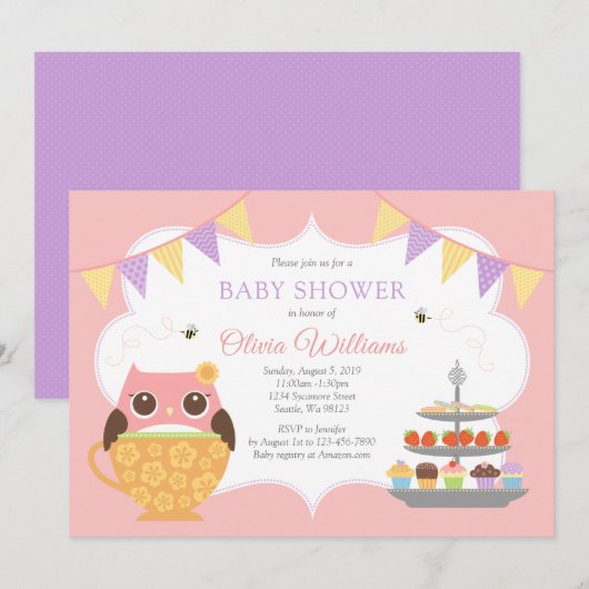 Girl Owl Tea Party Baby shower Invitation Kaart (Voorkant / Achterkant)