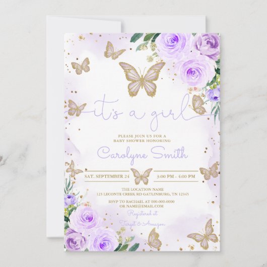 Girl Paars Butterfly Baby shower Invitation Kaart (Voorkant)