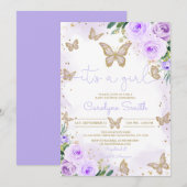 Girl Paars Butterfly Baby shower Invitation Kaart (Voorkant / Achterkant)
