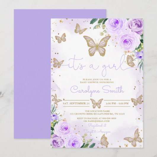 Girl Paars Butterfly Baby shower Invitation Kaart (Voorkant / Achterkant)