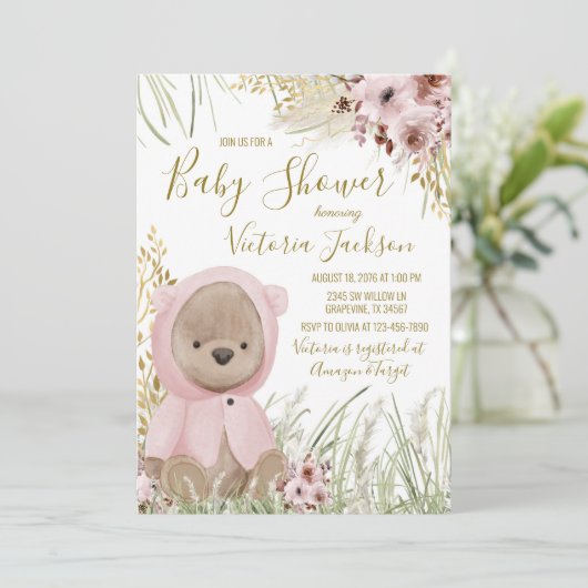 Girl Pampas Grass Baby shower Invitation Kaart (Staand voorkant)