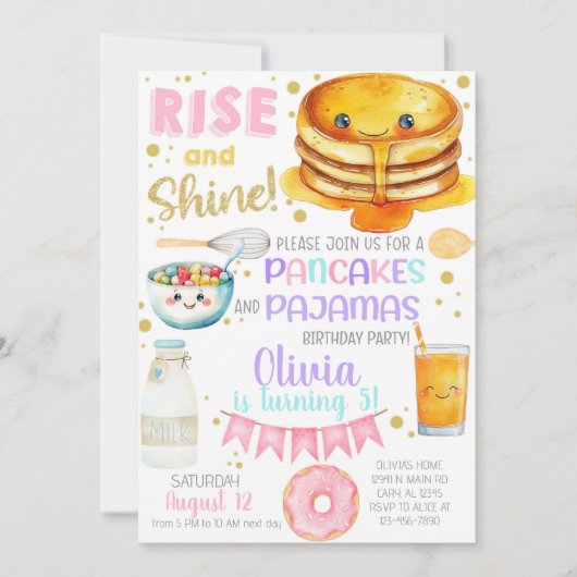 Girl pancakes and pajama birthday party invite. kaart (Voorkant)