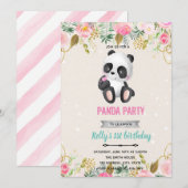 Girl panda flower-uitnodiging kaart (Voorkant / Achterkant)