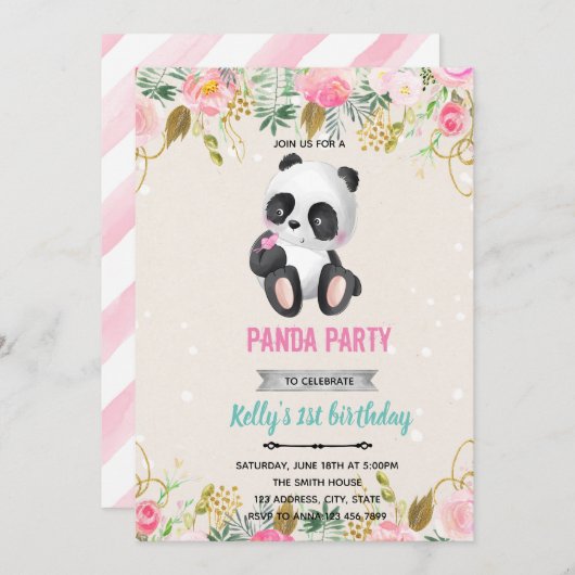 Girl panda flower-uitnodiging kaart (Voorkant / Achterkant)