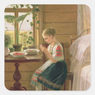 Girl Peeling Berries, 1880 Vierkante Sticker