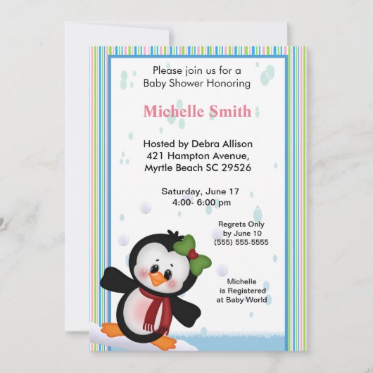 Girl Penguin Baby shower Invitation Kaart (Voorkant)