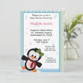 Girl Penguin Baby shower Invitation Kaart (Staand voorkant)