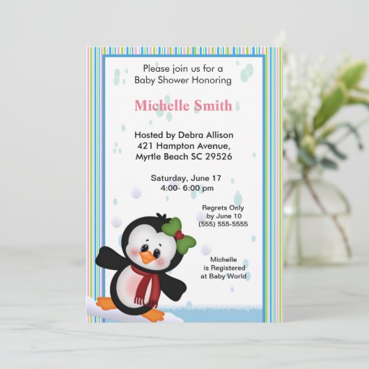Girl Penguin Baby shower Invitation Kaart (Staand voorkant)