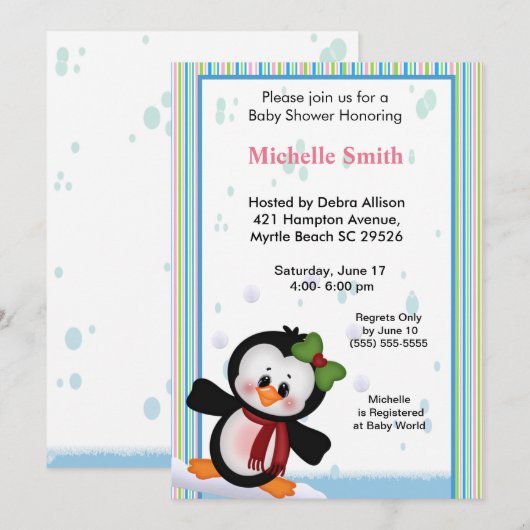Girl Penguin Baby shower Invitation Kaart (Voorkant / Achterkant)
