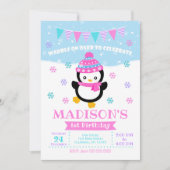 Girl Penguin Birthday Invitation / Waddle on Over Kaart (Voorkant)