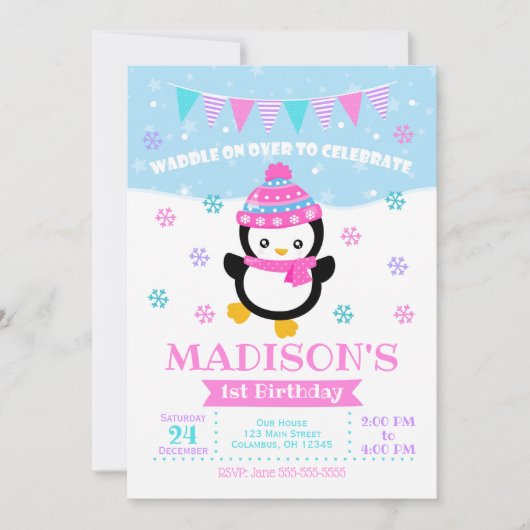 Girl Penguin Birthday Invitation / Waddle on Over Kaart (Voorkant)