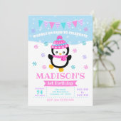 Girl Penguin Birthday Invitation / Waddle on Over Kaart (Staand voorkant)