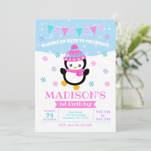 Girl Penguin Birthday Invitation / Waddle on Over Kaart (Staand voorkant)