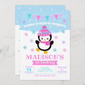 Girl Penguin Birthday Invitation / Waddle on Over Kaart (Voorkant / Achterkant)