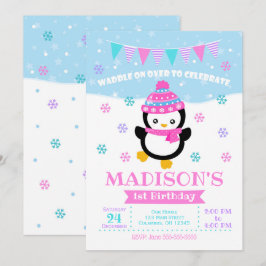 Girl Penguin Birthday Invitation / Waddle on Over Kaart