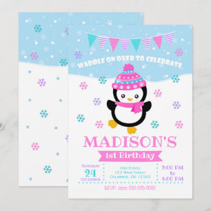 Girl Penguin Birthday Invitation / Waddle on Over Kaart